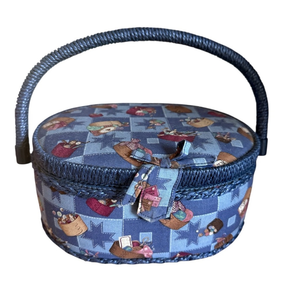 Vintage Blue Oval Sewing Basket w Handle & Organizer Tray + Notions